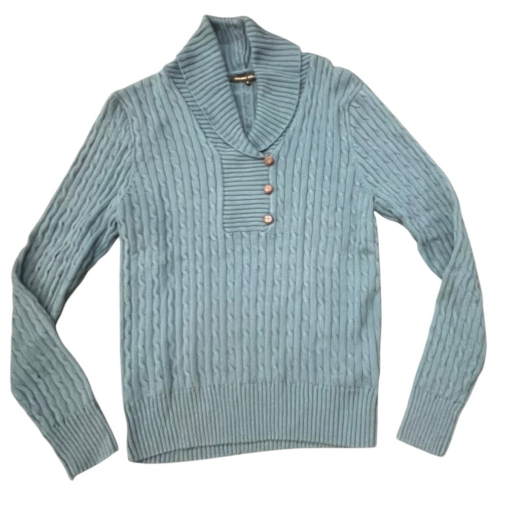 Jeanne Pierre‎ Cable Knit Shawl Sweater Womens Blue Green Fisherman Style Large